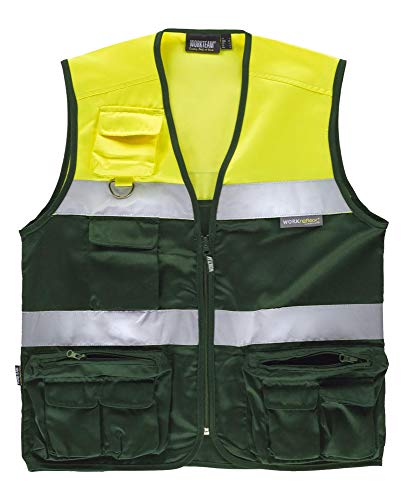 Work Team Chaleco Tipo Safari Multibolsillos Bicolor, con Dos Cintas de Alta Visibilidad. Hombre Verde Oscuro+Amarillo A.V. XXXL Cover