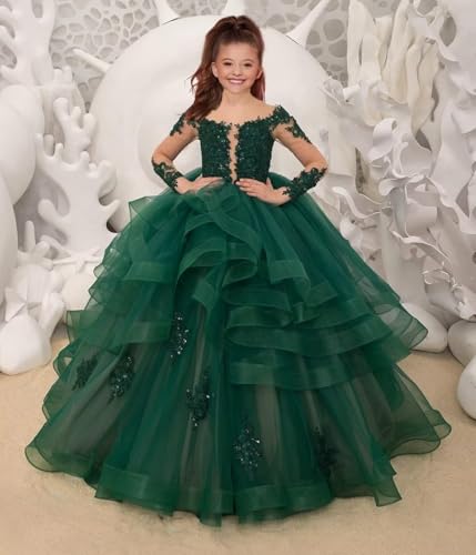 Girl’s Long Sleeve Flower Girl Dress Princess Ruffles Pageant Dresses Tulle Lace Tiered Kids Party Prom Ball Gown2