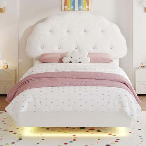 Decofy Full Size Bed Frame with Headboard and LED Lights Cloud Floating Upholstered Bed Frames with Adjustable Headboard and Raised Footboard for Princess and Prince Bedroom Teddy Velvet White
