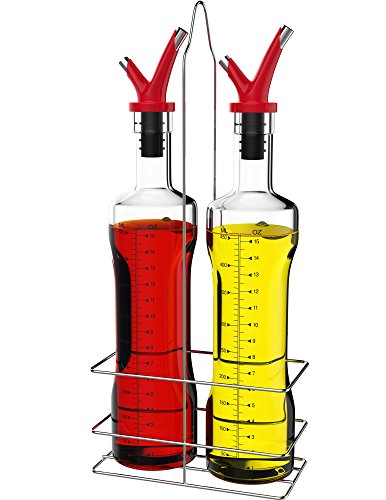 Vremi 17 oz Olive Oil and Vinegar Dispenser Set - Clear Glass Cruet Bottles for Cooking with No Drip Double Pourer Spout Stoppers and Stainless Steel Holder Stand - Kitchen Dispensing Cruets - Red
