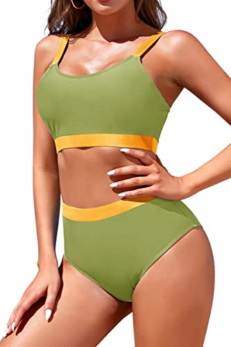 Image of Womens High Waisted Bikini Sets Sporty Crop Top Color Block Swimwear Bandeau Scoop Neck Vintage Two Piece Bathing Suits