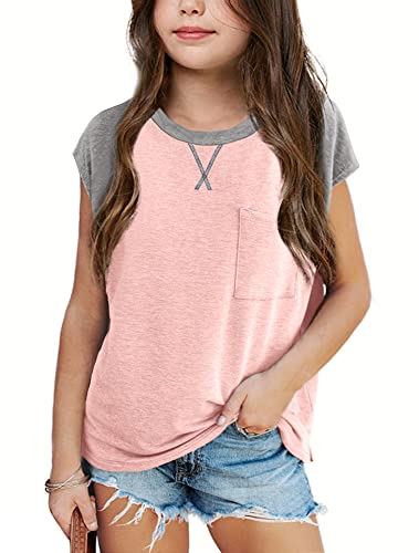 Imily Bela Girls Summer T Shirts Casual Cap Sleeve Crewneck Raglan Tops with Pocket
