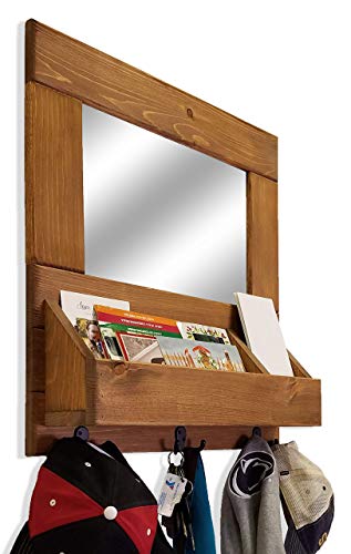 Super Deal Product York Farmhouse Entryway Mirror Wall Cubby Organizer with Hooks - Available in 20 Colors - Shown in Early American - Family Organizer - Wall Mounted Mail Holder with Key and Coat Hooks