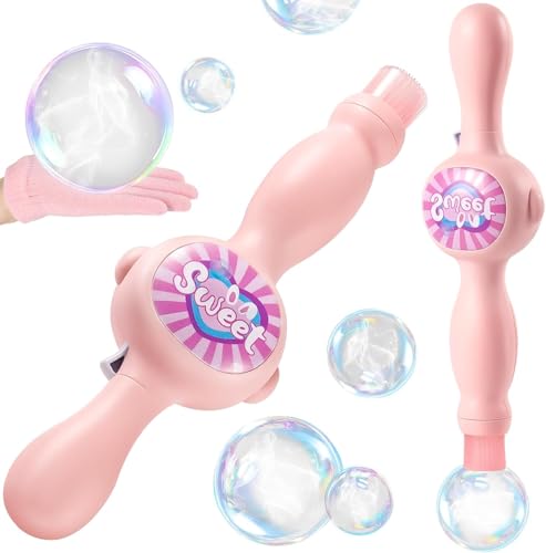 Image of FOUX Fur Fog Bubble Machine for Kids, Rechargeable Magic Mist Bubble Wand with Lights & Sound, Elastic Bubble Fog Blower with Gloves, Safe Bubble Water, Automatic Bubble Maker (Pink)