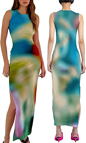 Image of Suillty Women Y2k Tie Dye Tank Dress Sleeveless Bodycon Long Dresses Printed Slim Fit Summer Maxi Dress Sundress