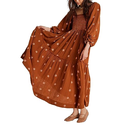 Qianderer Women's Flower Embroidered Maxi Dress Puff Sleeve Square Neck Swing Tiered Bohemian Flowy Dress Beach Long Dress (Ba Brown, M)