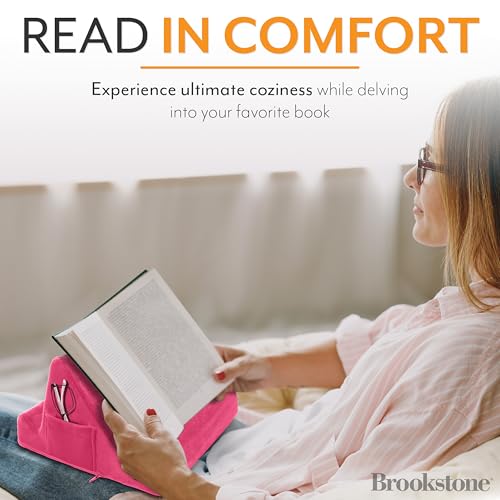 Brookstone, Memory Foam Lap Desk Tablet Holder, Holds Phones, iPads, E-Book Readers, 2 Viewing Angles, 2 Side Pockets for Accessories, Book Holder Cushion, Perfect Home, Car Travel, Flights, Pink - Image 5