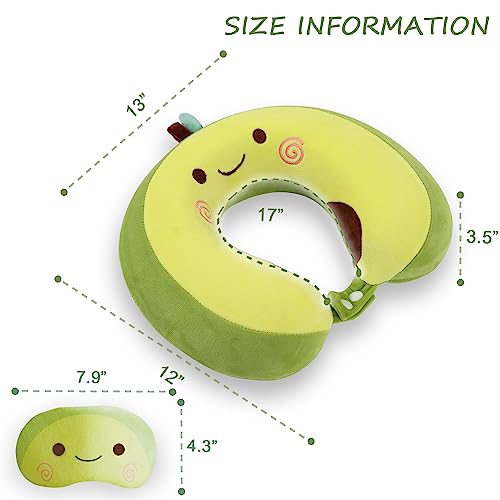 Image of Cute Travel Pillow with Sleep Eye Mask Cartoon Headrest & Neck Pillow for Kids Boys & Girls, Teens, Travel Accessories for Airplane, Car, Recline, Home Use Memory Foam Flight - Green Avocado