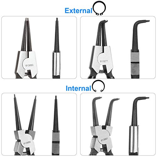 Conjunto de 4 alicates de anel de pressão de 17,78 cm, kit de alicate de anel interno/externo para s