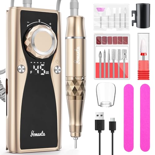 Torno para Uñas Profesional 45000 RPM, Portatil Pulidor Lima Electrica Uñas, USB Recargable 10H+ Duración de la Batería con 12 Bits, Torno de Uñas Inalambrico, Pantalla LCD, para Uñas de Gel - Champán