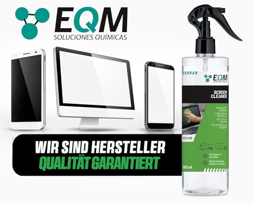 EQM - ECO-219 - Bildschirmreiniger + Mikrofasertuch - 500 ML - Display Reiniger für Tablet, Handy, Laptop, Kamera, TV Displays (LED, OLED, QLED, TFT, LCD) - Entfernt Fettflecken und Fingerabdrücke