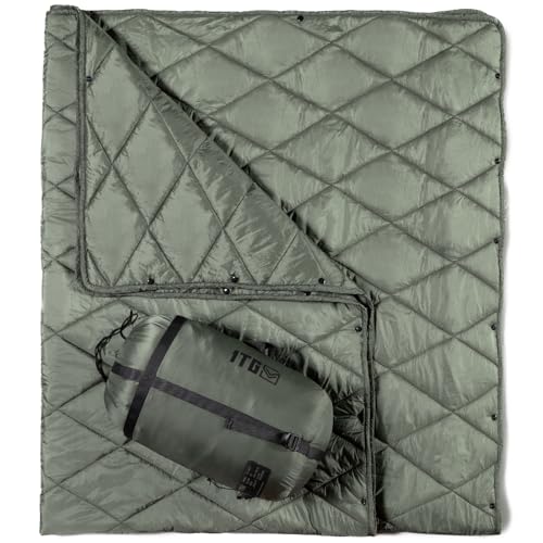 1TG Tactical Camping Blanket - Packable, Ultra Warm and Lightweight with Snap Button Backpacking Quilt, for Sleeping, Outdoors, Travel, and Indoor Use - Olive Green