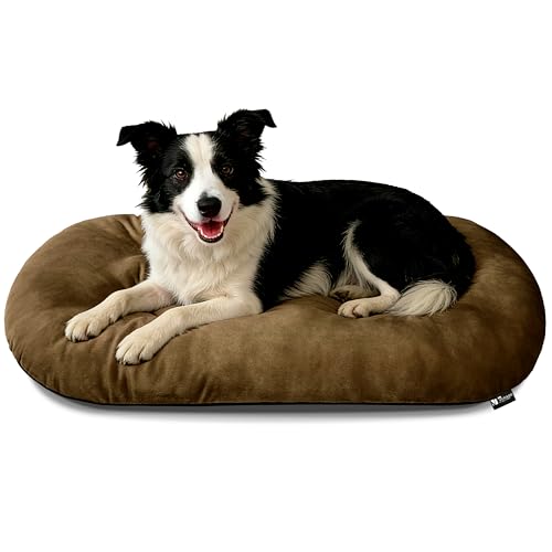 Image of Washable Oval Dog Bed for Large Dogs, Silver-Tipped High-Resilience, Brown | Non-Slip Bottom Prevents Sliding, Soft Plush Short Fur, Machine Washable, Ideal for Crates /Apartments /Cozy Nooks,35 inchx22 inchx3.2 inch