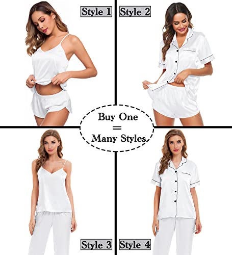 Image of SWOMOG Womens Silk Satin Pajamas Sets 4pcs Sleepwear Sexy Cami Shorts Set and Button Down Short Sleeve Pjs Loungewear