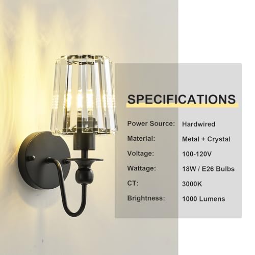 Image of KARTOOSH Hardwired Crystal Wall Sconces Set of 2 | 11.2 Inch Black Wall Lights Dimmable 3000K Warm White Wall Lamps for Hallway, Bathroom, Living Room, Bedroom