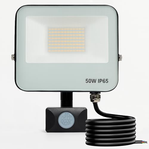 Foco LED Exterior con Sensor de Movimiento, 50W, 6000Lm, Regulable, IP65 Impermeable, Control Remoto, Luz Natural 4000K, Detector Presencia PIR ideal para Jardín, Patio, Garaje, Terraza (1, 50W)