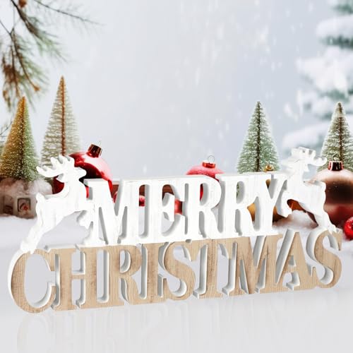 Merry Christmas Table Centerpiece Sign Wooden Merry Christmas Decorations with Deers Freestanding Retro Xmas Decoration Sign for Tables Book Shelfs Tiered Tray Fireplace Mantel