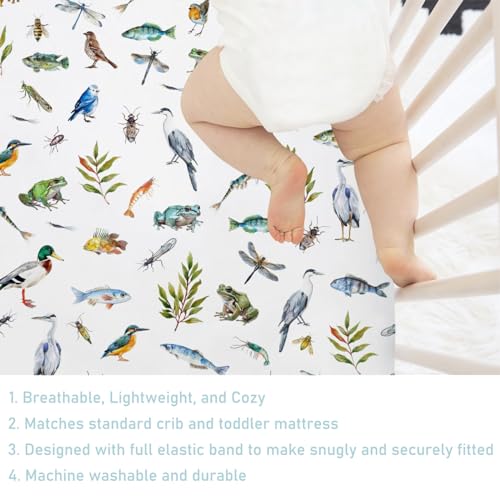 Image of Wildlife Pond Baby Crib Sheets 52''x28'' Wild Animals Frogs Duck Fish Bird Weeds Snug Fitted Crib Mattress Cover for Boy Girl Fishing Hunting Soft Nursery Bed Sheet for Standard Crib Toddler Mattress