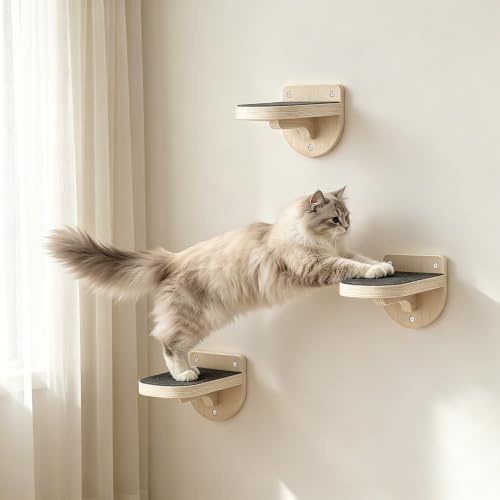 TIMHAKA 3 Pcs Cat Wall Shelves Wooden Kitten Wall Climber for Indoor Cats Cat Wall Step with Non-Slip Carpet for Climbing Jumping & Playing