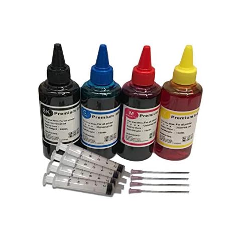BVH Direct 4 x 100ml Black Cyan Magenta Yellow Bottled Ink Compatible with HP, Canon, Brother,LEXMARK and Kodak Ink Refillable Ciss Cartridge Sytems Includes Blunt Needle and Syringe for refilling Cover