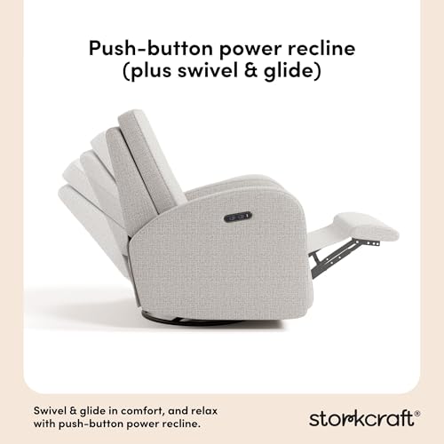 Image of Storkcraft Santa Monica Power Recliner Swivel Glider (Steel Basketweave) - GREENGUARD Gold Certified, CertiPUR-US Certified Foam, Effortless Electronic Power Recline, USB-A & USB-C Charger