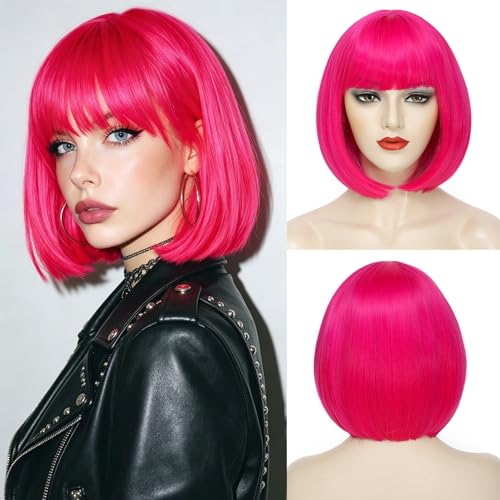 Pink Bob Wig with Bangs 10 Inch Hot Pink Short Straight Wig for Women