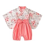 [Ramiter] 袴ロンパース ベビー 服 男の子 女の子 赤ちゃん 袴 ロンパース 和装 着物 フォーマル 和柄 お食い初め 100日祝い お宮参り 和服 可愛い 和柄 袴カバーオール 袴セット 記念撮影(90/ライトピンク)