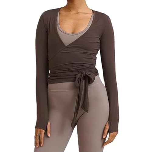 BABWWNIX Y2k Ballet Pilates Wrap Top for Women Long Sleeve Deep V Neck Tie Front Workout Yoga T Shirt Blouses Sports Tops (C-Coffee, S)