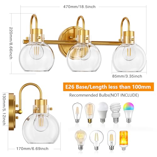 Image of 3-Light Vanity Light, Brushed Brass Bathroom Light Fixtures, Farmhouse Wall Sconces with Globe Clear Glass Shade, Porch Wall Mount Lamp for Mirror, Kitchen, Porch, Living Room, Workshop (E26 Base)