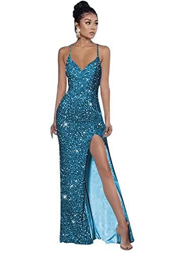 YMSHA Spaghetti Strap V Neck Sequin Prom Dresses for Teens High Slit Long Evening Party Dress YMS245