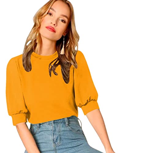 Image of Dream Beauty Fashion Women's Puff Sleeve Round High Neck Top Balloon Bishop Sleeve Elegant Casual Tee (23 inch Inches)- (Top Sofia P)