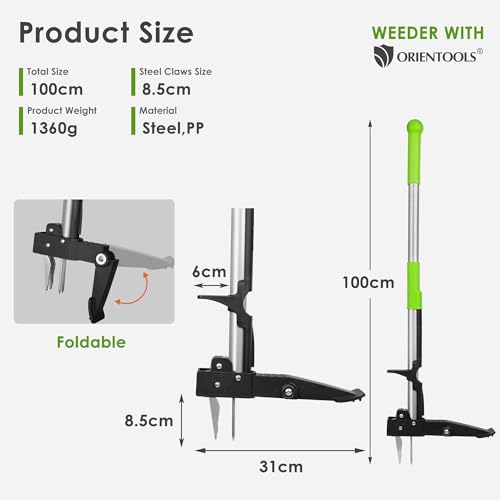 ORIENTOOLS Weeder Tool Weed Puller with Stainless 4 Claws and Foot Pedal, Dandelions Root Remover, Stand Up Lawn Garden Tool steel handle(39.4 inch/100cm) 2 ORIENTOOLS Weeder Tool Weed Puller with Stainless 4 Claws and Foot Pedal, Dandelions Root Remover, Stand Up Lawn Garden Tool steel handle(39.4 inch/100cm) - Image 2