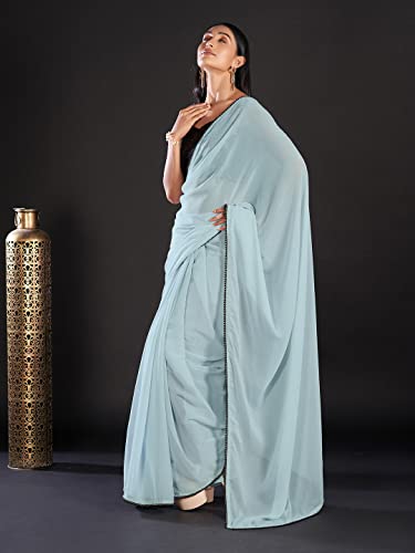 Image of AKHILAM Women's Black Embellished Georgette Saree With Unstitched Blouse Piece