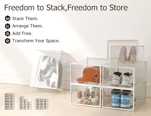 Image of Kuject XX-Large Shoe Storage Boxes Organizers Clear Plastic Stackable 12 Pack, Shoe Rack & Holder Substitute, Sneaker Containers, Shoe Storage Organizer Bins for Closet, Under Bed,White(No Fold Line)