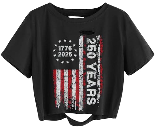 Women's 250th Years American Anniversary Distressed Tee Shirt 4th of July Independence Day American Flag Graphic Short Sleeve Crop Tops(S,06black)