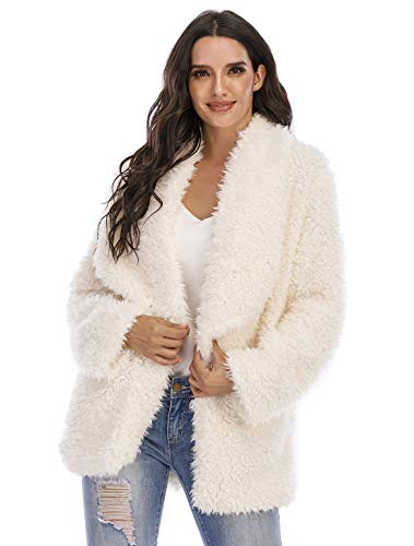 Women's Fuzzy Fleece Jacket Lapel Open Front Long Jackets Faux Fur Warm Winter Cardigan Coat Outerwear with Pockets (Light Beige,Small)