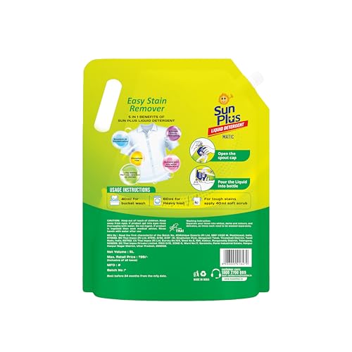 Image of Sunplus Liquid Detergent - 5L Pouch, Matic Laundry Liquid for Clothes, 100 Washes | Easy Stain Remover | Active Fresh Technology | Safe on Skin | Hot & Cold Water Use | Fabric Care