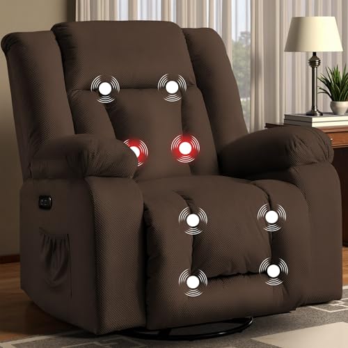Korser Oversized Power Recliner Chair, Swivel Rocking Chair for Adults, Electric Glider Reclining with Massage and Heating, Waffle Fabric Rocker Recliner with Side Pockets for Living Room, Bedroom