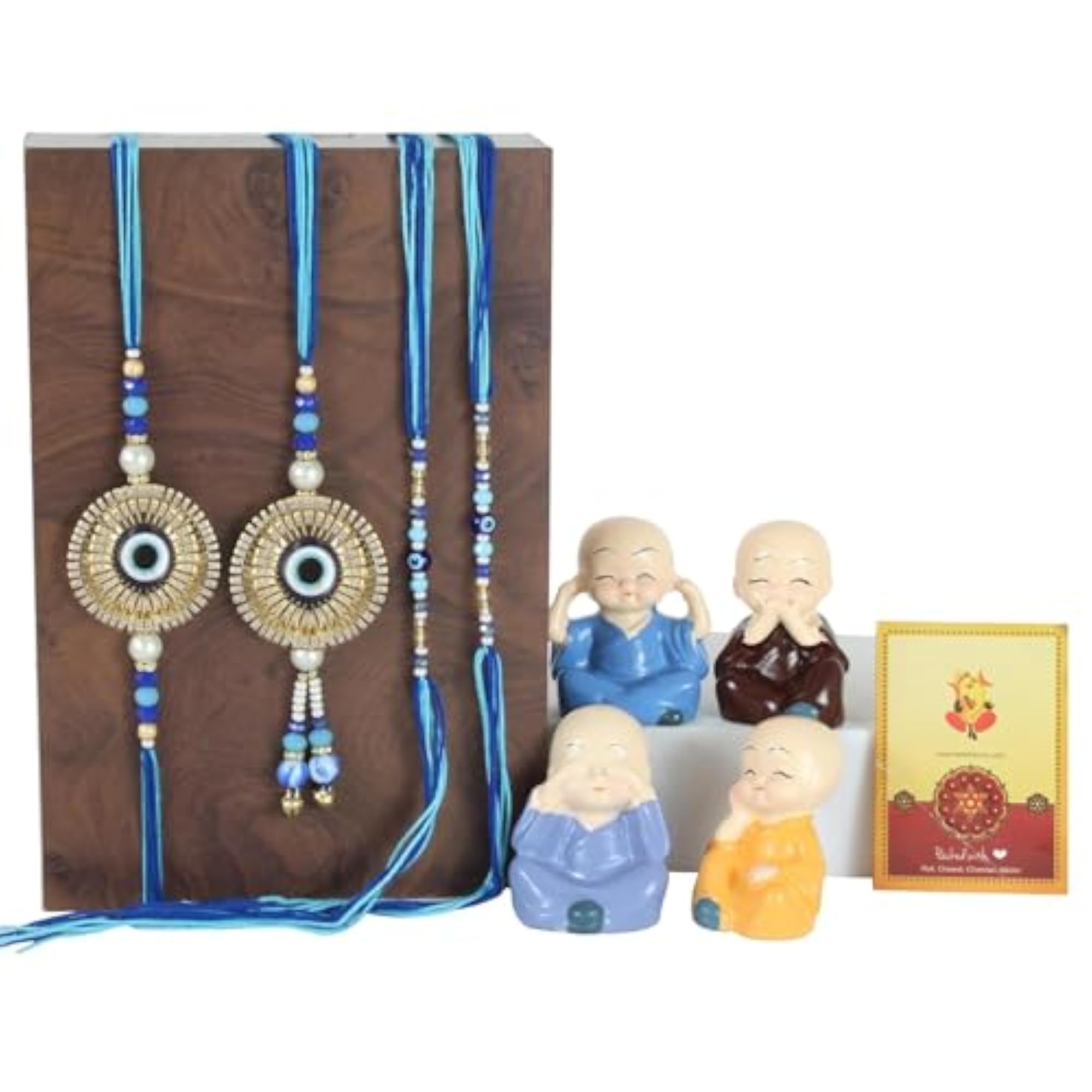 4pc Premium Rakhi Gift Set for Brother & Bhabhi with Mini Statue
