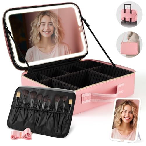 鏡付きメイクボックス 化粧品収納ボックス コスメボックス 化粧ケース 調節可能な仕切り付き 取り外し可能なライト付きミラー 3色調節可能なLEDライト メイクブラシケース付き 自立式 ハンドル付き 通勤・出張・旅行用 (ピンク, 横38cm×縦28cm)