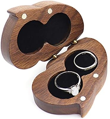 Walnut Double Wood Ring Box Velvet Soft Interior Holder Jewelry Chest Organizer Earrings Jewelry Wooden Presentation Box Case for Proposal Engagement Wedding Ceremony Birthday Gift(Heart to Heart)