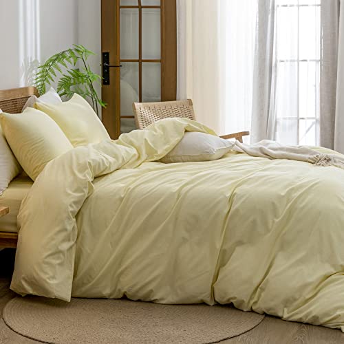 Image of BESTOUCH Cotton Solid Duvet Cover Set Linen Feel Light Yellow Queen | 100% Washed Cotton, Soft Wrinkle Texture, Hidden Zipper, 8 Ties, Breathable Lightweight Durable Comfy, 3 Pcs No Insert