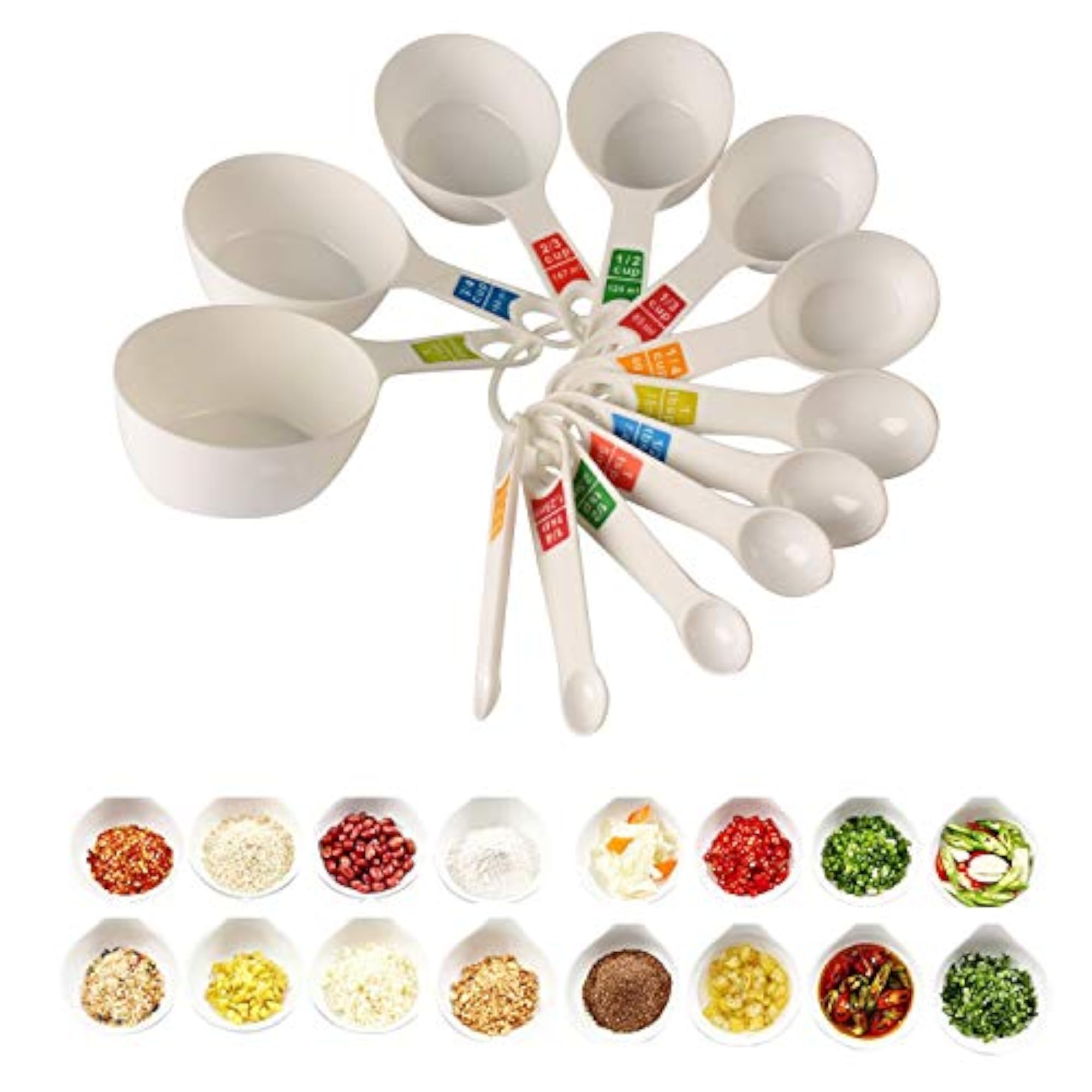 Plastic Measuring Cups and Spoon Set with Ring Holder, 12 Piece Set, White