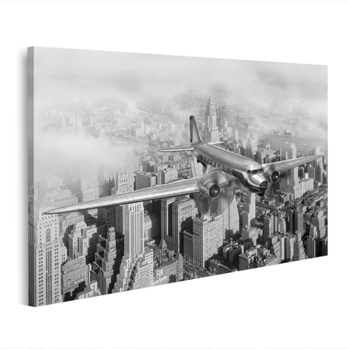 islandburner Image sur toile Avion historique au-dessus de New York en noir et blanc - Toile 80 x 40 cm