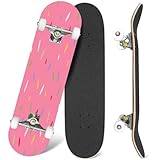 Skateboard Ice Cream Sprinkles Seamless Pink Complete Skateboard 7 Layer Maple Wood Deck 31' x 8' Double Kick Concave Skateboards for Beginners Teens Adults