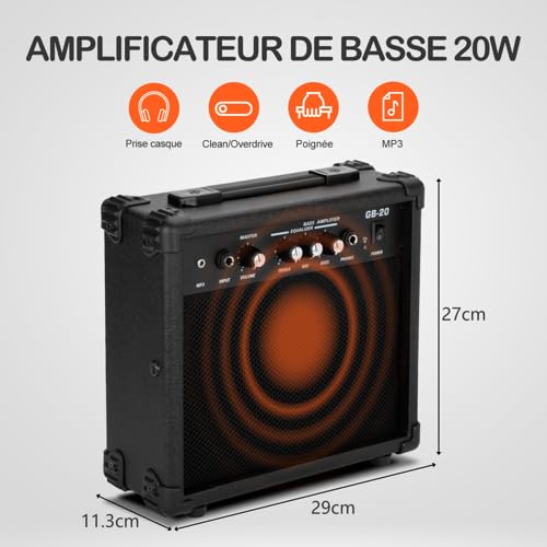 LALAHO Kit de Guitare Basse Électrique avec Amplificateur de Basse 20 Watts, Micros Ouverts Doubles pour 4 Cordes