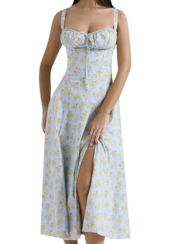 EFOFEI Mujeres Cottagecore Fairy Vestidos Autotie Summer Vestido Flowy Cottagecore Vestidos Azul Amarillo XS