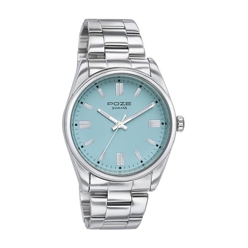 Sonata Poze Quartz Blue Dial Silver Metal Strap for Sky_Blue - Image 5