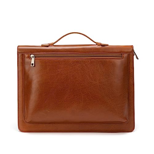YIWEN Handmade Leather Portfolio with Handle Zippered Front Pocket Writing Pad Clip Letter Size Notepad Holder Professional Business Padfolio for Men Women (Brown Pull-up Leather)