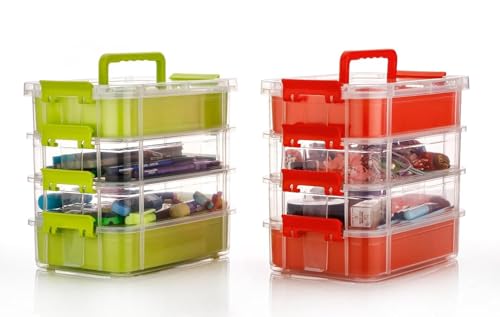 Image of plastic boxes for Storage transparent boxes for storage, Portable & Stackable Space Saving Organiser with Lid for Medicine, Jewelry, Arts & Crafts, Buttons, Beads (Green, 4 TIER WITH 1 TRAY)